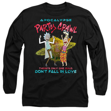 Black men's long sleeve t-shirt with Rick and Morty Apocalypse Party Crawl graphic