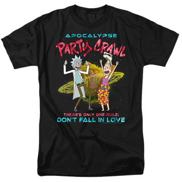 Black men's regular fit t-shirt with Rick and Morty Apocalypse Party Crawl graphic