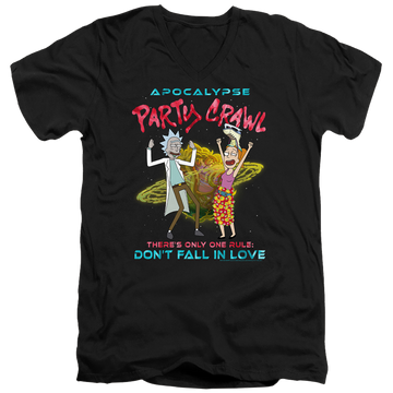 Black men's v-neck t-shirt with Rick and Morty Apocalypse Party Crawl graphic