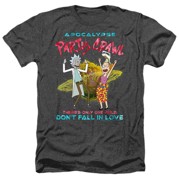 Black men's heather t-shirt with Rick and Morty Apocalypse Party Crawl graphic