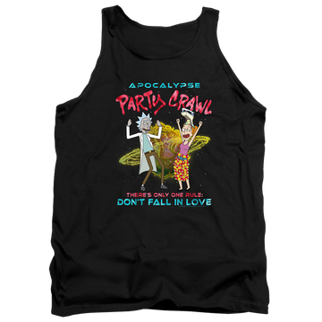 Black men's tank with Rick and Morty Apocalypse Party Crawl graphic