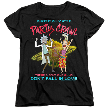 Black women's t-shirt with Rick and Morty Apocalypse Party Crawl graphic