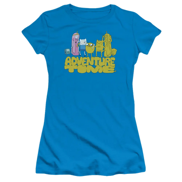 Turquoise juniors t-shirt with Adventure Time Jakes Friends graphic
