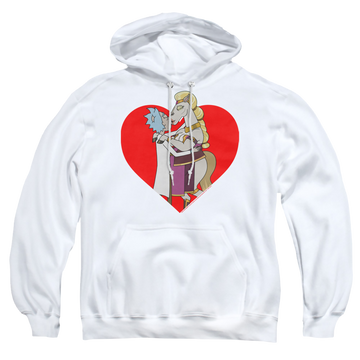 White pullover hoodie with Rick and Morty Rick And Horse Kiss graphic