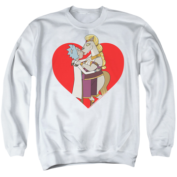 White men's crewneck sweatshirt with Rick and Morty Rick And Horse Kiss graphic