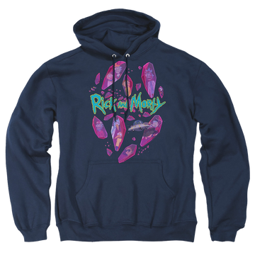 Navy pullover hoodie with Rick and Morty Death Crystal Futures graphic