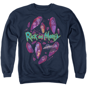 Navy men's crewneck sweatshirt with Rick and Morty Death Crystal Futures graphic