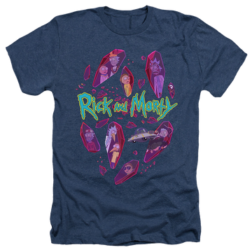 Navy men's heather t-shirt with Rick and Morty Death Crystal Futures graphic