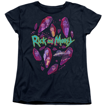 Navy women's t-shirt with Rick and Morty Death Crystal Futures graphic