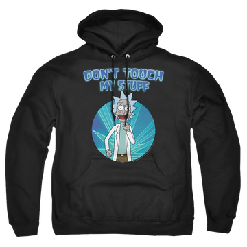 Black pullover hoodie with Rick and Morty Don't Touch graphic