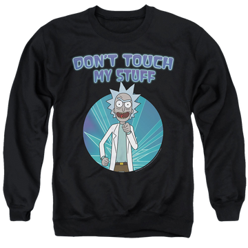 Black men's crewneck sweatshirt with Rick and Morty Don't Touch graphic