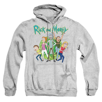 Athletic heather pullover hoodie with Rick and Morty Family Fights Together graphic