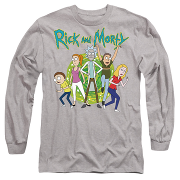 Athletic heather men's long sleeve t-shirt with Rick and Morty Family Fights Together graphic