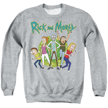 Athletic heather men's crewneck sweatshirt with Rick and Morty Family Fights Together graphic
