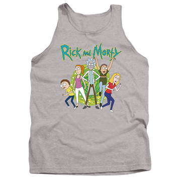Athletic heather men's tank with Rick and Morty Family Fights Together graphic