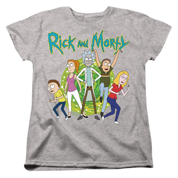 Athletic heather women's t-shirt with Rick and Morty Family Fights Together graphic