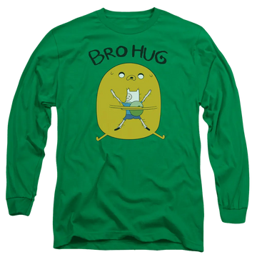 Kelly green men's long sleeve t-shirt with Adventure Time Bro Hug graphic