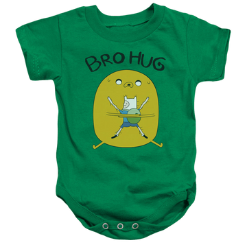 Kelly green baby bodysuit with Adventure Time Bro Hug graphic