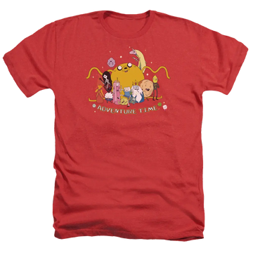 Red men's heather t-shirt with Adventure Time Outstretched graphic