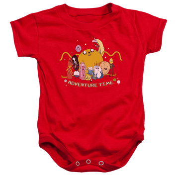 Red baby bodysuit with Adventure Time Outstretched graphic
