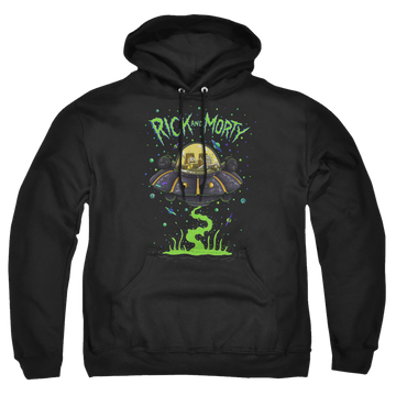 Black pullover hoodie with Rick and Morty Ufo graphic