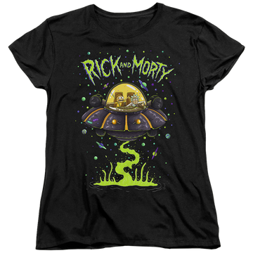 Black women's t-shirt with Rick and Morty Ufo graphic