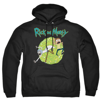 Black pullover hoodie with Rick and Morty Portal graphic