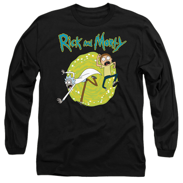 Black men's long sleeve t-shirt with Rick and Morty Portal graphic