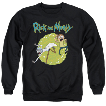 Black men's crewneck sweatshirt with Rick and Morty Portal graphic