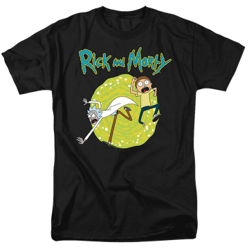 Black men's regular fit t-shirt with Rick and Morty Portal graphic