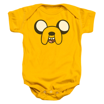Gold baby bodysuit with Adventure Time Jake Head graphic