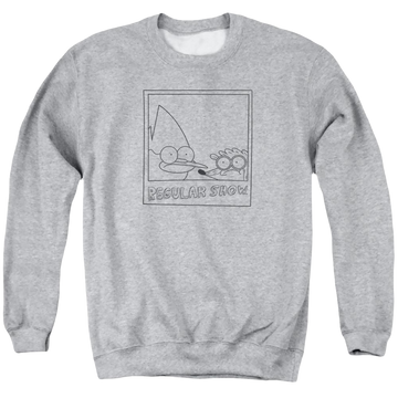 Athletic heather men's crewneck sweatshirt with Regular Show Poloroid graphic