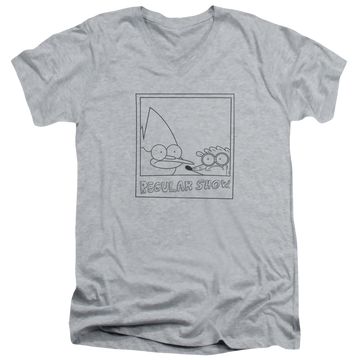 Athletic heather men's v-neck t-shirt with Regular Show Poloroid graphic