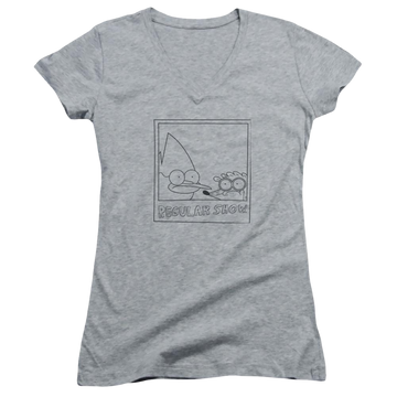 Athletic heather juniors v-neck t-shirt with Regular Show Poloroid graphic