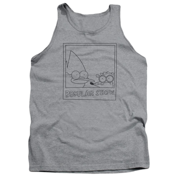Athletic heather men's tank with Regular Show Poloroid graphic