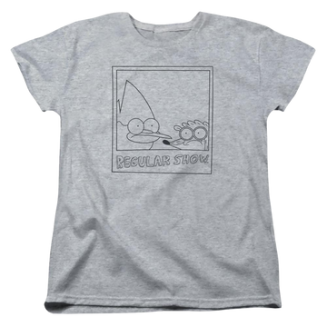 Athletic heather women's t-shirt with Regular Show Poloroid graphic