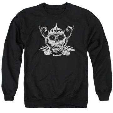 Black men's crewneck sweatshirt with Adventure Time Skull Face graphic