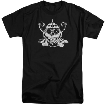 Black men's tall fit t-shirt with Adventure Time Skull Face graphic