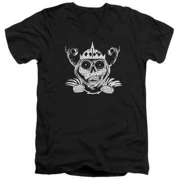 Black men's v-neck t-shirt with Adventure Time Skull Face graphic