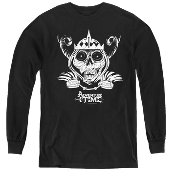 Black youth long sleeve t-shirt with Adventure Time Skull Face graphic