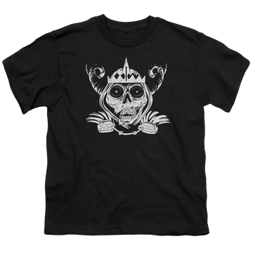 Black youth t-shirt for ages 8 to 12 with Adventure Time Skull Face graphic