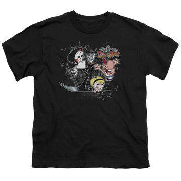 Black youth t-shirt for ages 8 to 12 with The Grim Adventures of Billy & Mandy Splatter Cast graphic