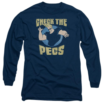 Navy men's long sleeve t-shirt with Johnny Bravo Check The Pects graphic