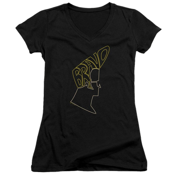 Black juniors v-neck t-shirt with Johnny Bravo Bravo Hair graphic