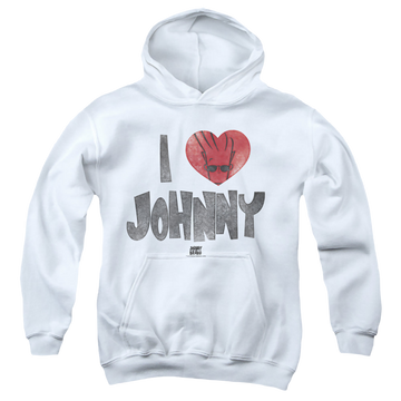 White youth hoodie for ages 8 to 12 with Johnny Bravo I Heart Johnny graphic
