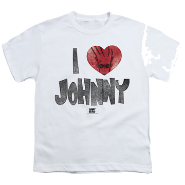 White youth t-shirt for ages 8 to 12 with Johnny Bravo I Heart Johnny graphic
