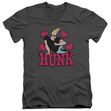 Charcoal men's v-neck t-shirt with Johnny Bravo Hunk graphic
