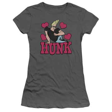 Charcoal juniors t-shirt with Johnny Bravo Hunk graphic
