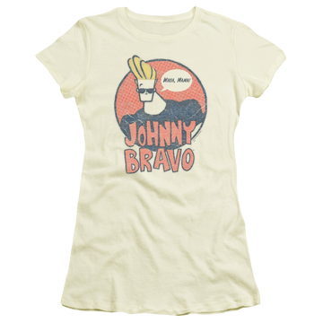 Cream juniors t-shirt with Johnny Bravo Wants Me graphic