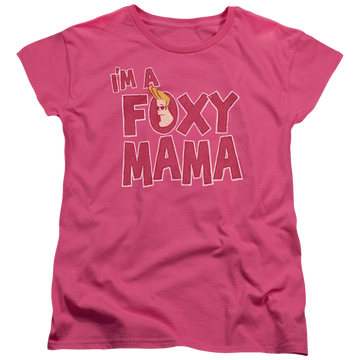 Hot pink women's t-shirt with Johnny Bravo Foxy Mama graphic